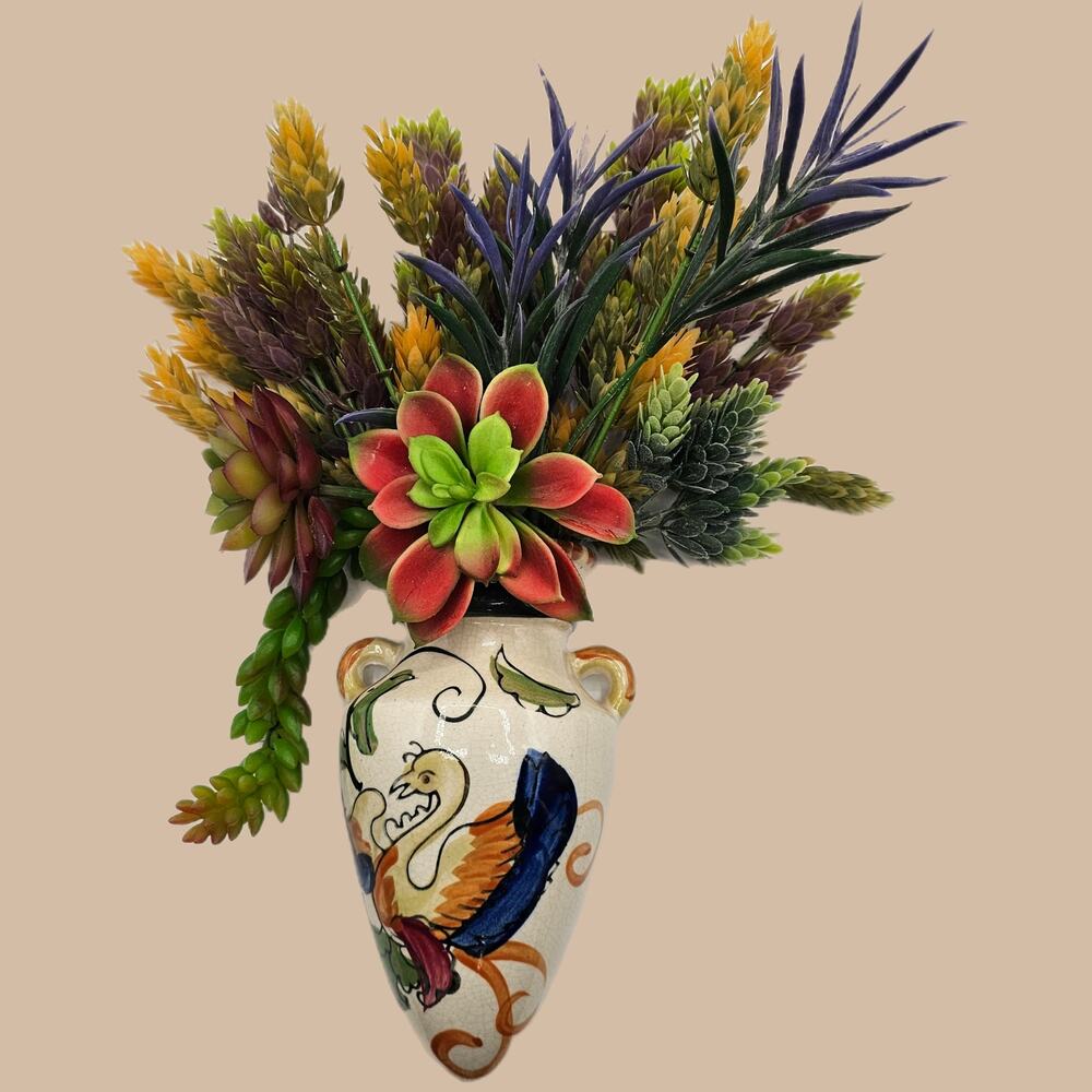 Stunning 1940s Floral Bird Urn Wall Pocket -Hand Painted Japan 7.25” Collectible